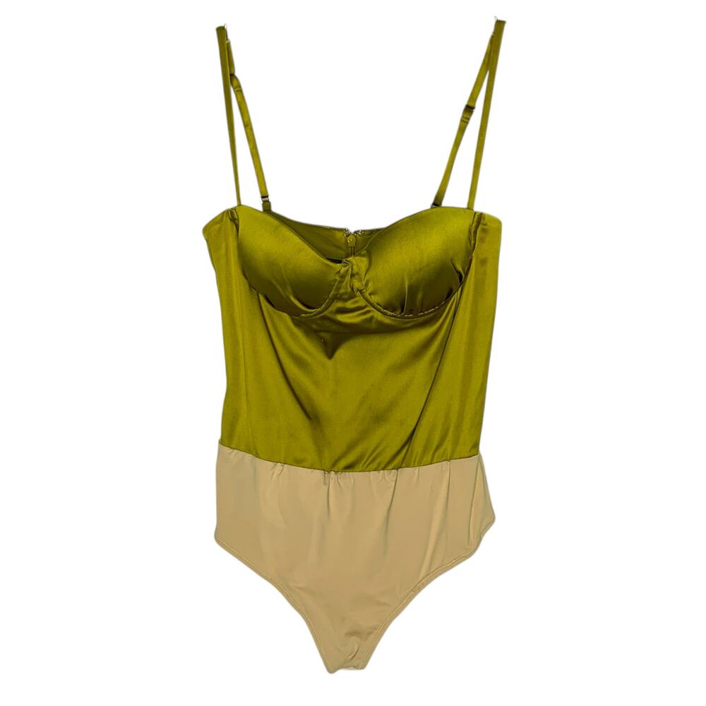 NBD Zariana Satin Bodysuit Edamame Green S Bustier Spaghetti Strap Shimmer *flaw
